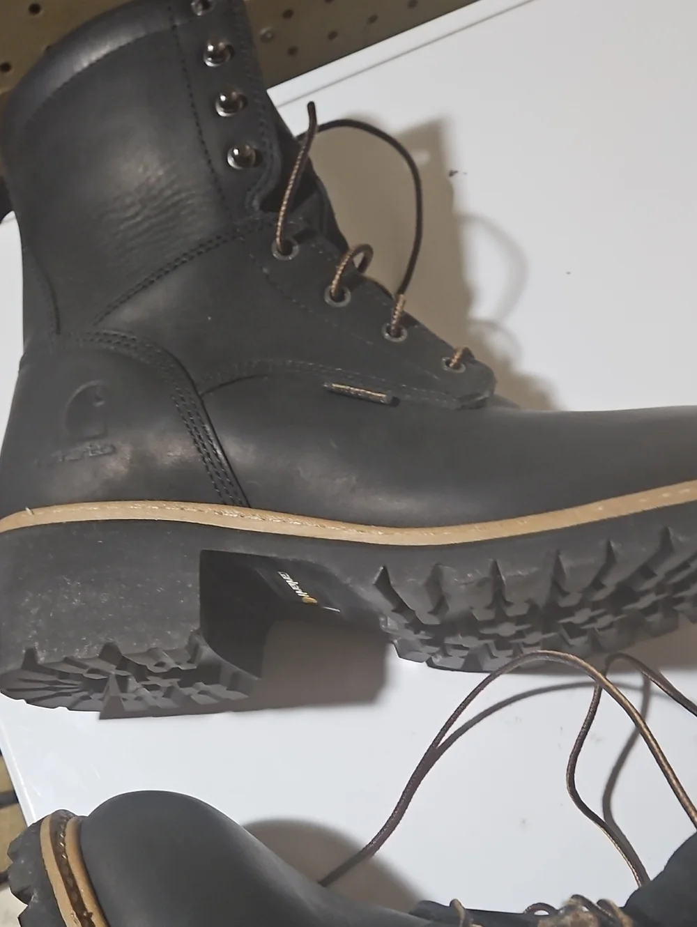 Black Lace-Up Work Boots with Tan Sole Carhartt Logger Boots Size 11 8in